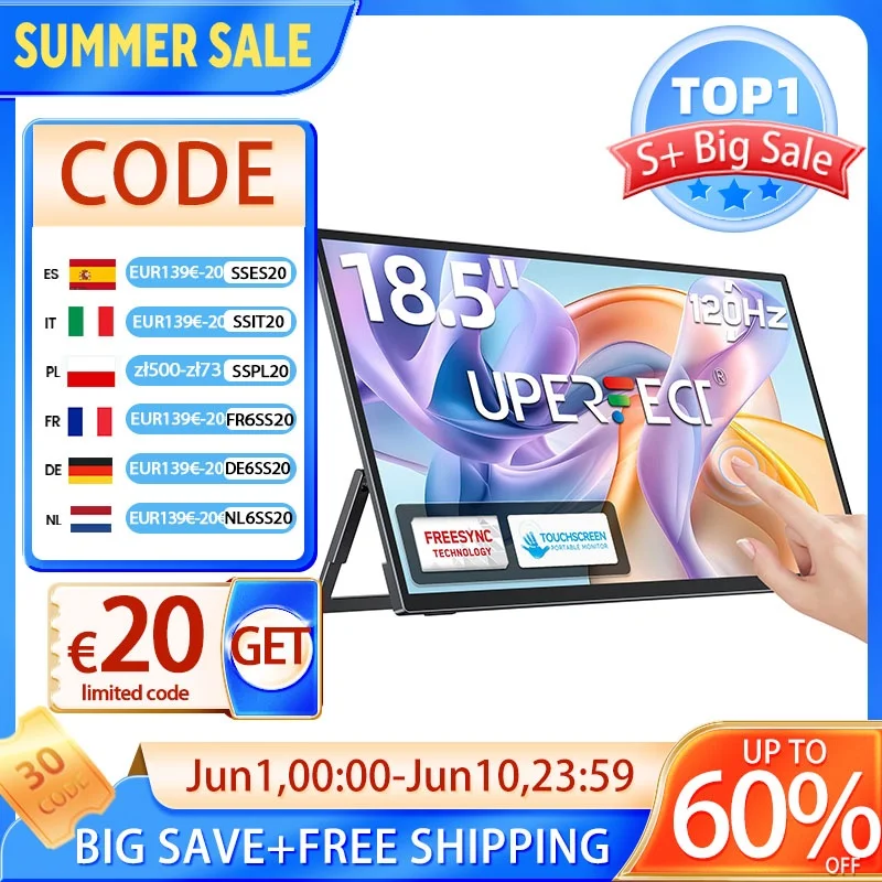 UPERFECT Touch 18,5 pouces moniteur de jeu portable 120Hz avec VESA trou et support arrière Ultra-mince écran étendu HDMI USB-C FHD HDR écran tactile pour ordinateur portable Mac PC Surface PS5 Xbox