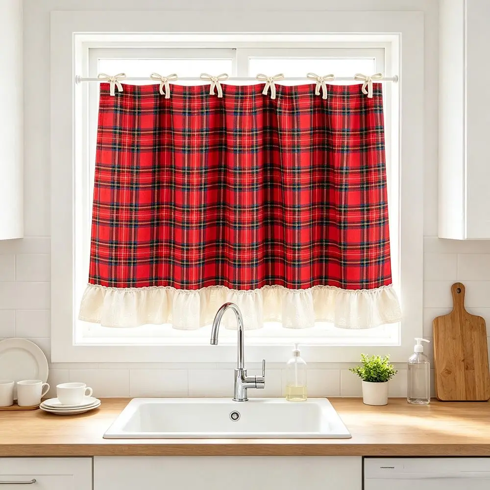 Ruffle Trim Oven Door Curtain Rural Style Plaid Kitchen Cabinet Curtains Handmade Easy To Install Christmas Oven Skirt