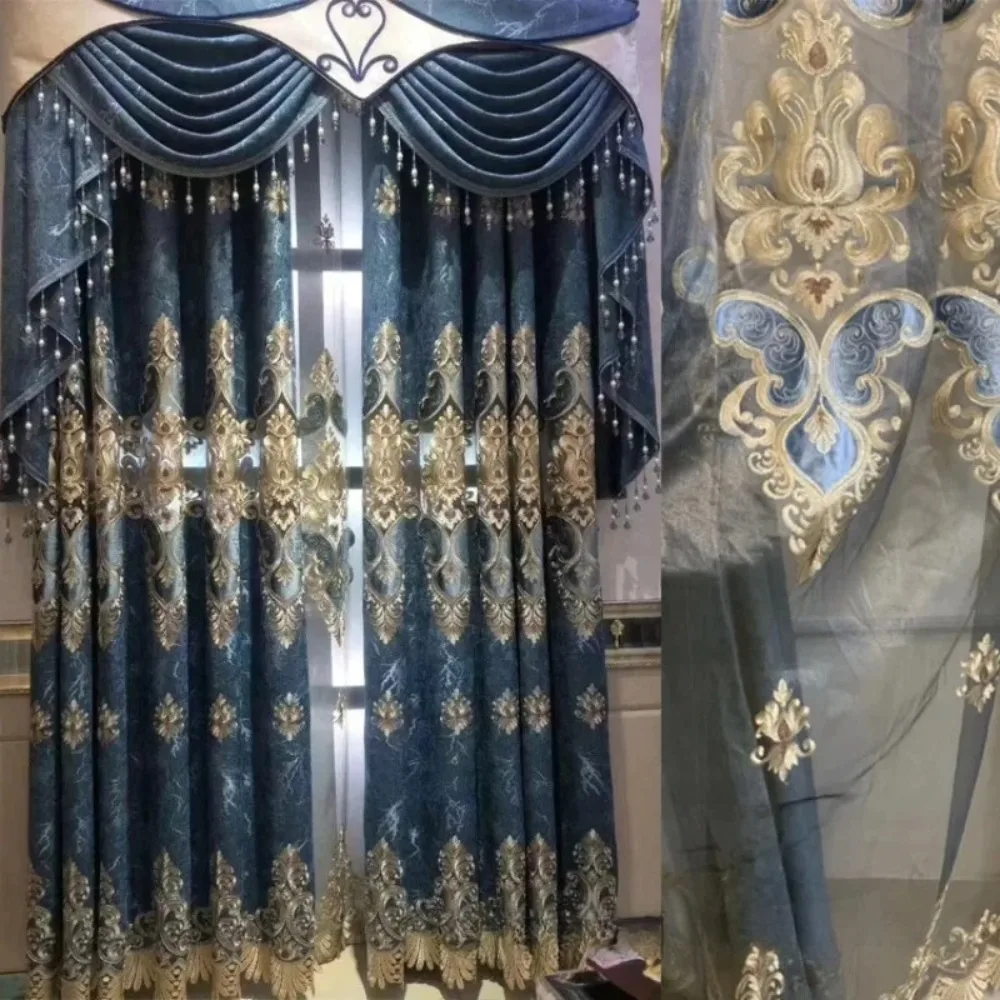 Light luxury European curtains hollow embroidery living room villa blue chenille embroidery water-soluble fabric
