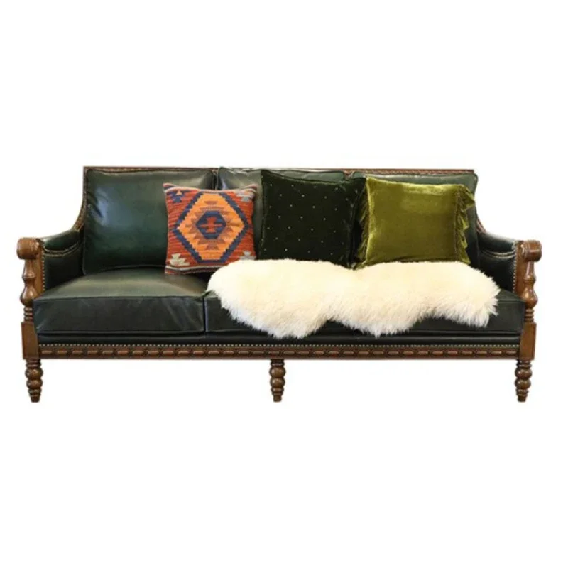 

American light luxury solid wood sofa combination European retro carved designer small apartment villa studio leather furniture