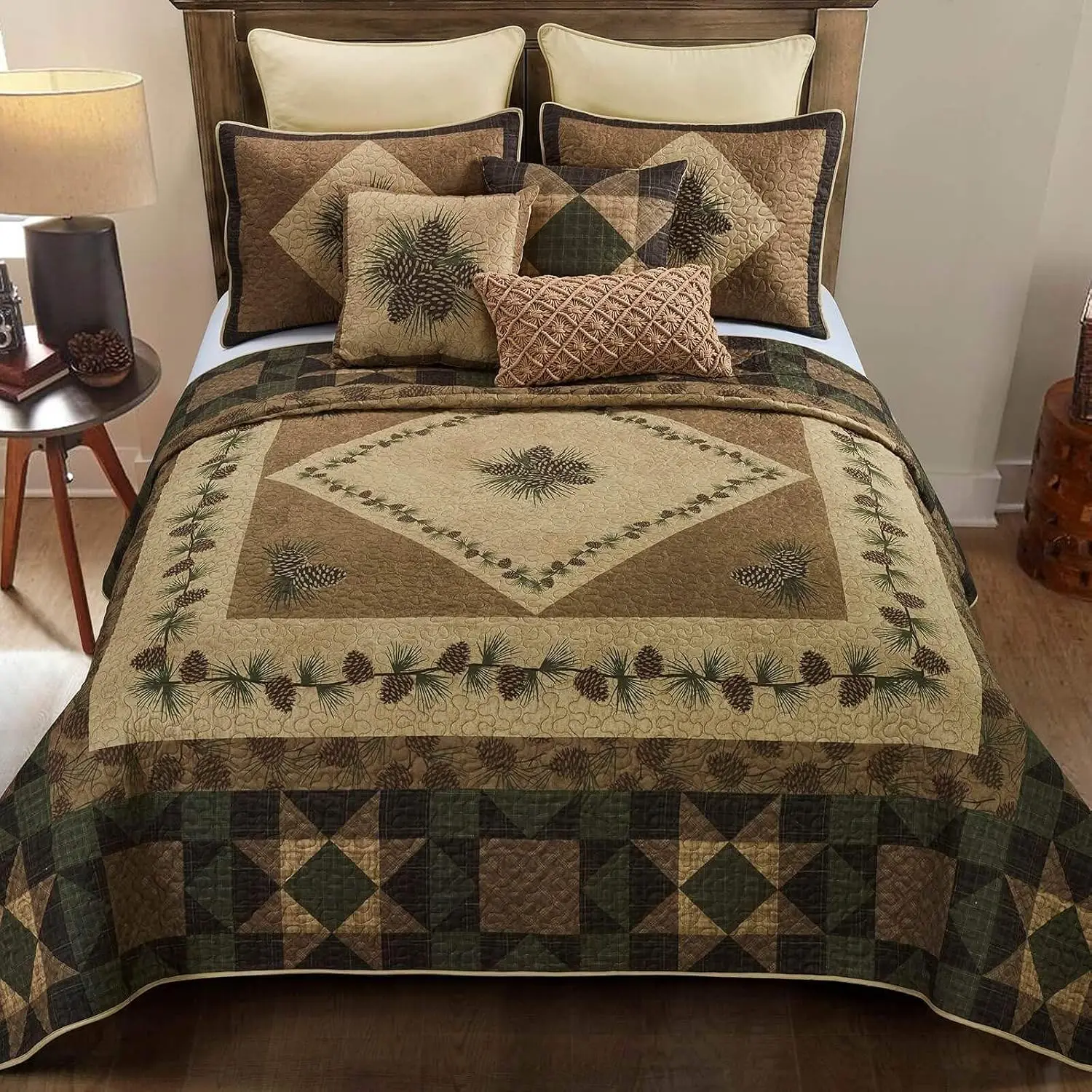 

King Bedding Set - 3 Piece - Antique Pine Lodge Quilt Set With King Quilt And Two King Pillow Shams - Machine Washable