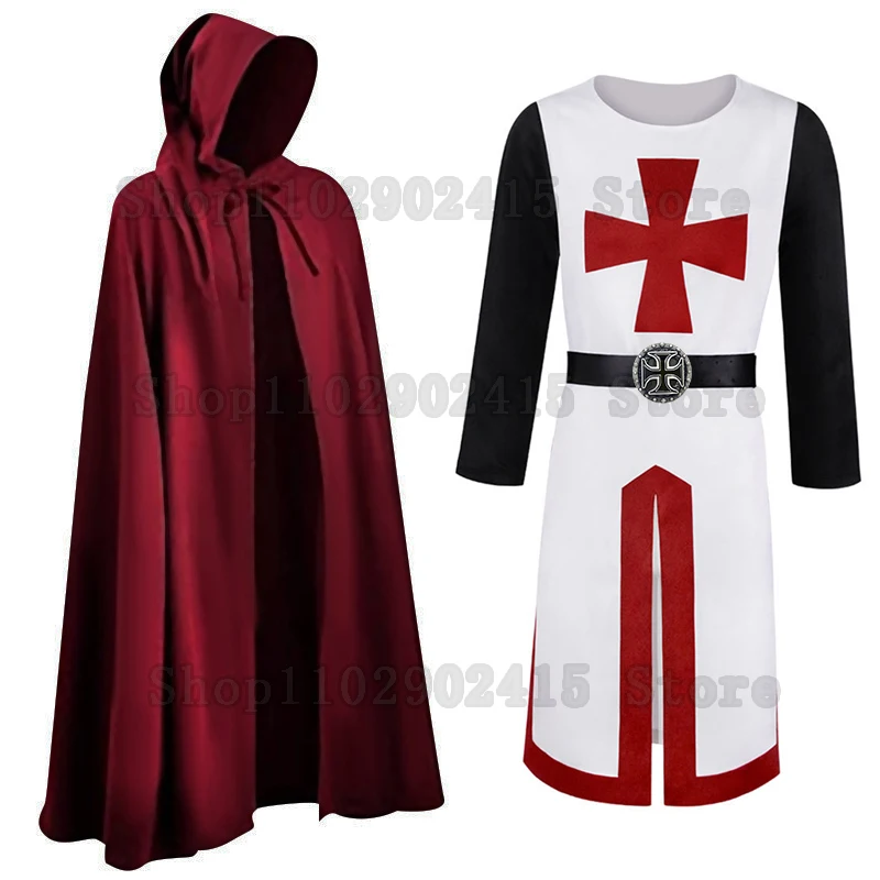 Mens Medieval Crusader Knights Templar Tunic Costumes Renaissance Halloween Surcoat Warrior Black Plague Cloak Cosplay Top S-3XL