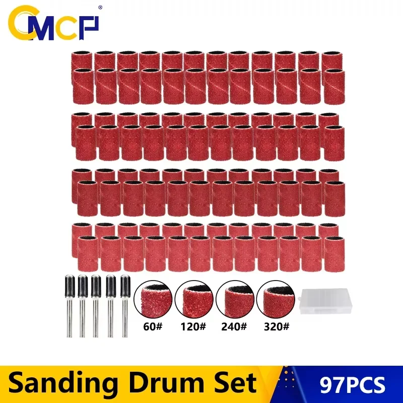 CMCP 97pcs Sanding Drum Kit for Dremel Rotary Tool Sanding Bands Sleeves with Drum Mandrels 60/120/240/320 Grit