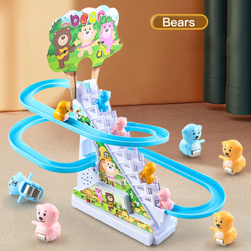 Electric Duck Track Rail Racing Slide Piggy Climbing Stairs Baby Toy LED Lights Musical Slide Roller Coaster Toys for Gift