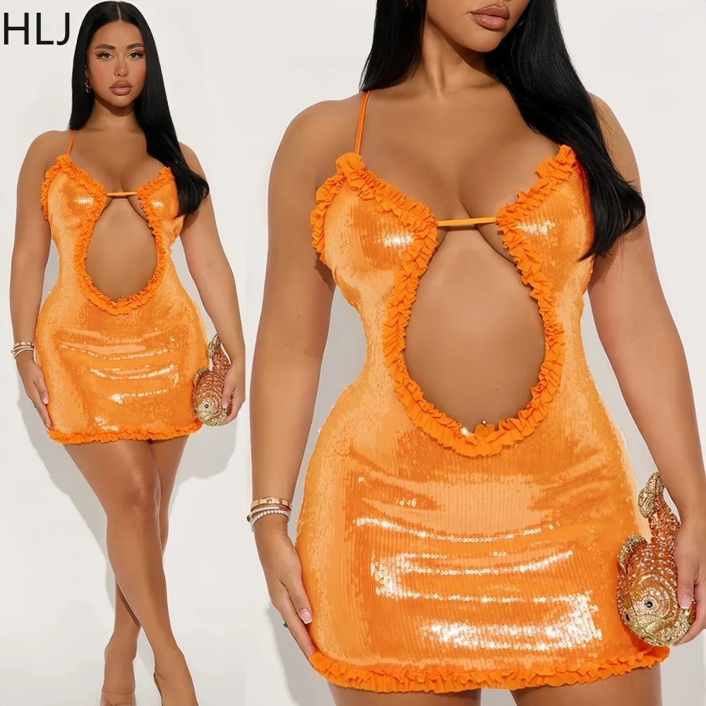 

FAGADOER Sexy Sequin Patchwork Bodycon Mini Dresses Women Spaghetti Strap Hollow-out Shining Dress Female Streetwear Vestidos