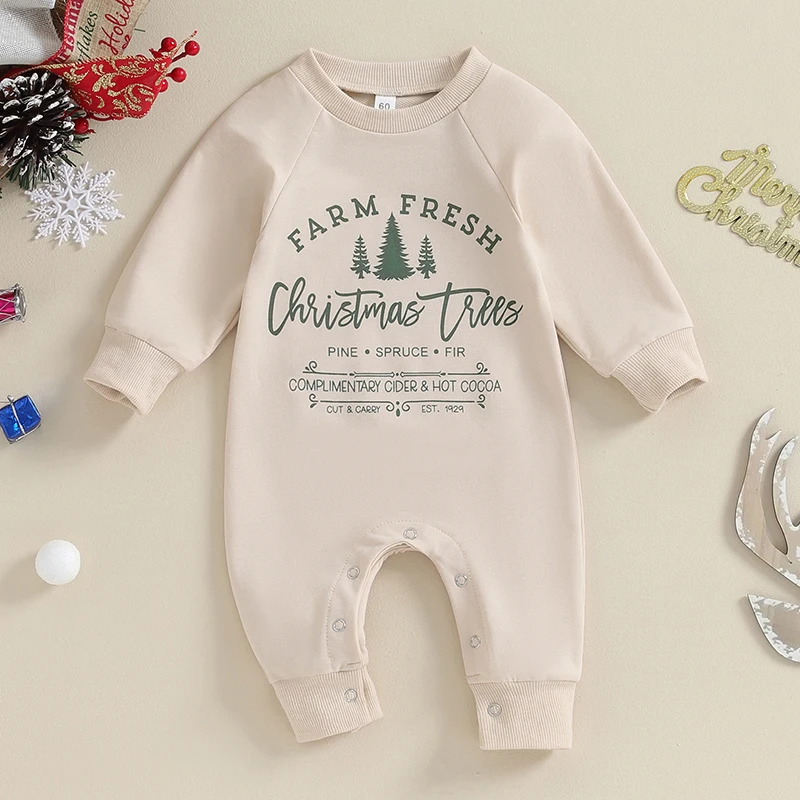 Newborn Baby Boy Girl Christmas Outfit Christmas Tree Print Romper Long Sleeve Jumpsuit Fall Winter Clothes