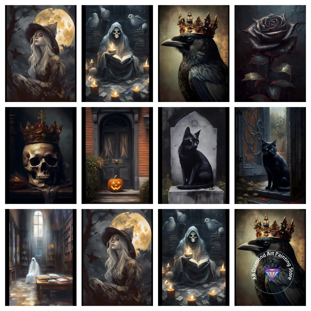 

Halloween Dark Academy Ghost Witch Crow AB Diamond Painting Kit Square Round Diamond 5D DIY Mosaic Handmade Art Gift Home Decor