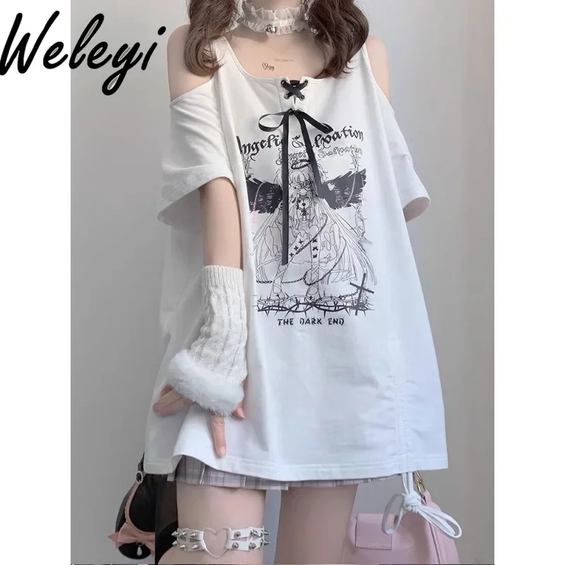 Kawaii Jirai Kei T Shirt Summer Japanese College Style Wear Womens Drawstring Off Shoulder Anime Cute Sweet Short Sleeve Y2k Top