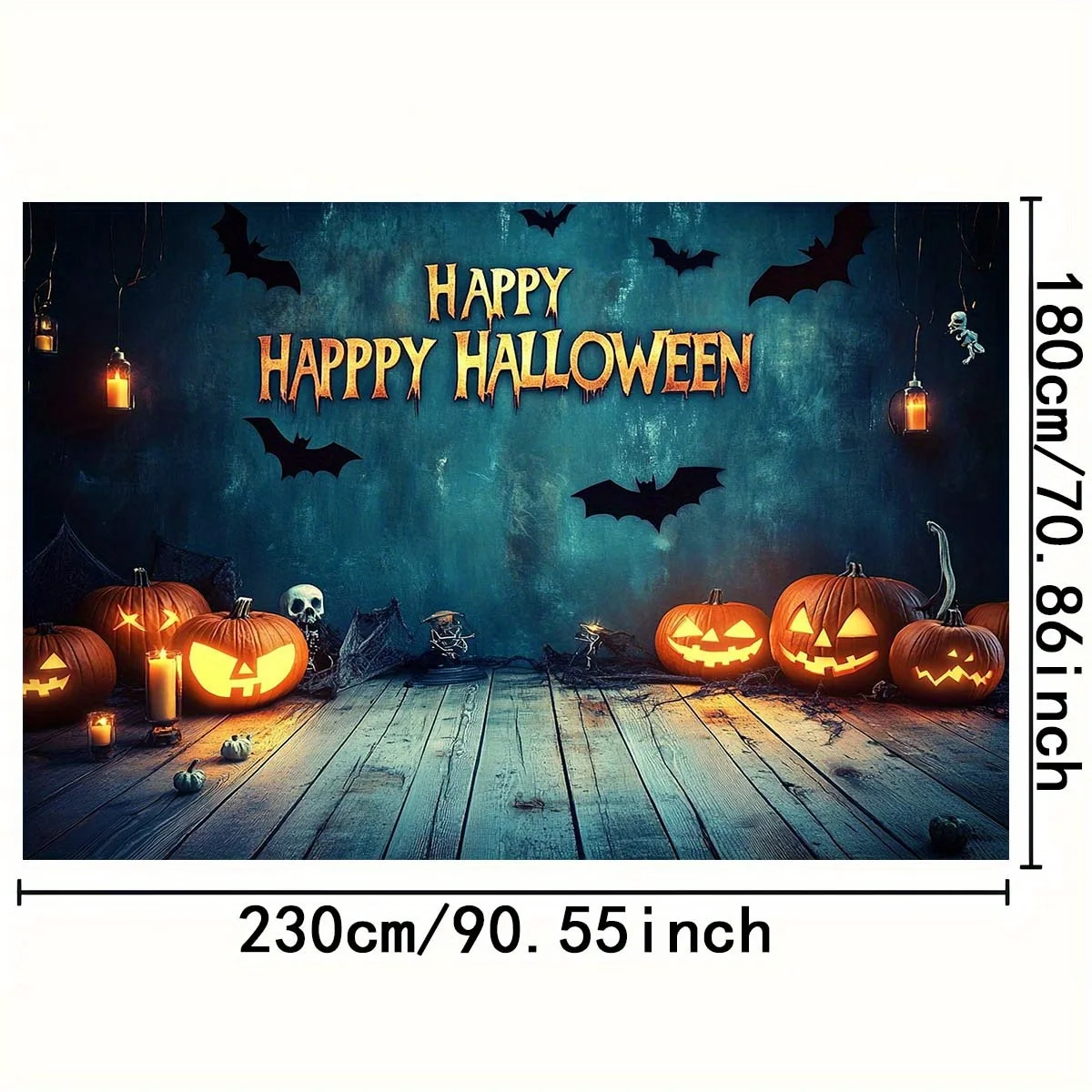 1 لافتة خلفية للهالوين - اليقطين والخفافيش والجمجمة ونص "هالوين السعيد" سهل التركيب #6