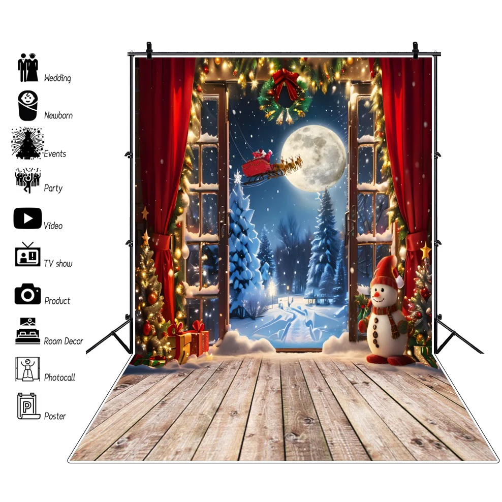 

White Wood Floor Christmas Background for Photography Winter Snowy Night Snowman Xmas Tree Gift Fireplace Family Party Backdrop