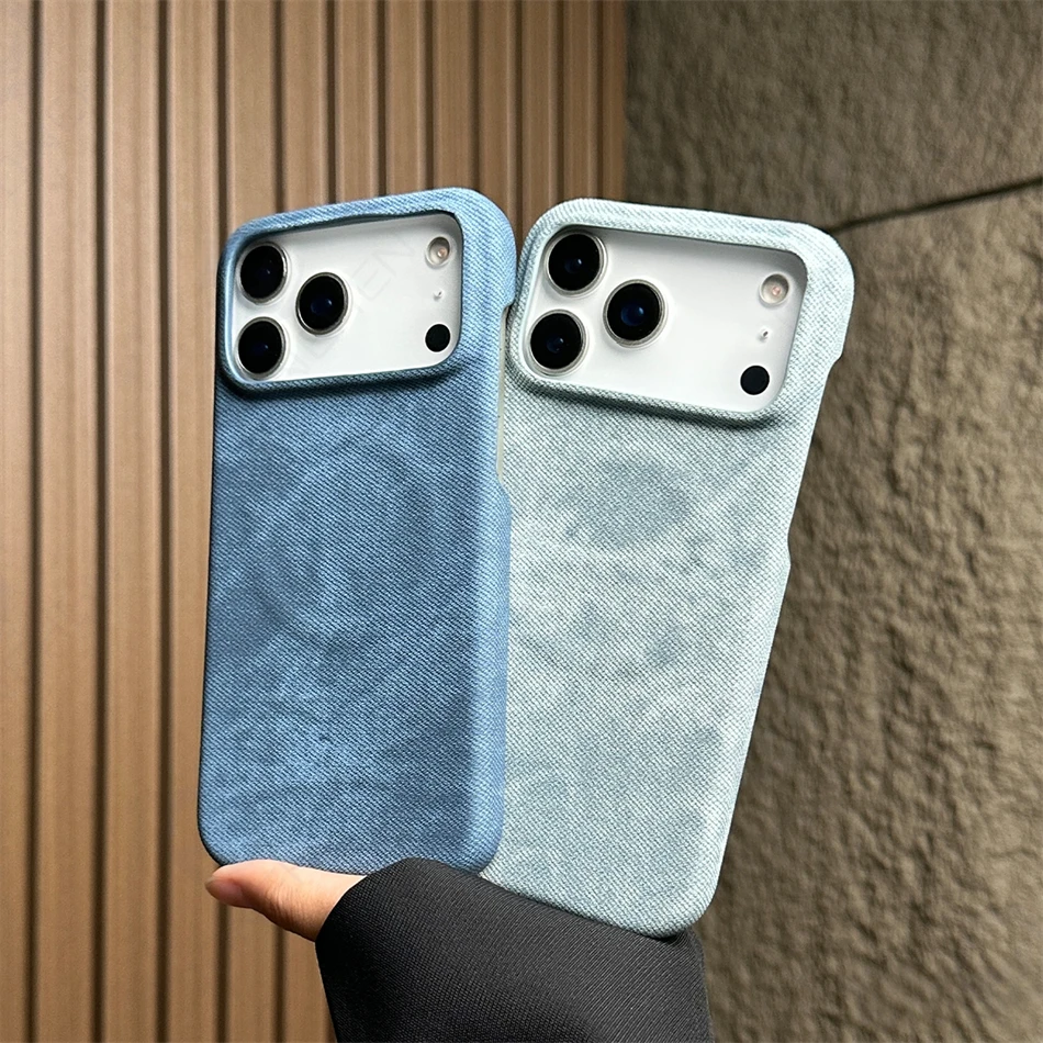 حافظة جلدية مغناطيسية من قماش الدنيم Pu لهاتف آيفون 17 Air 16 Plus 15 14 13 Pro Max 17p غطاء رفيع نصف إطار لاسلكي لـ Magsafe