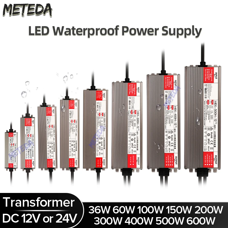 IP67 wodoodporny zasilacz transformator oświetleniowy AC100V ~ 277V na DC 12V 24V sterownik LED 100W 200W 300W 400W 500W adapter zewnętrzny