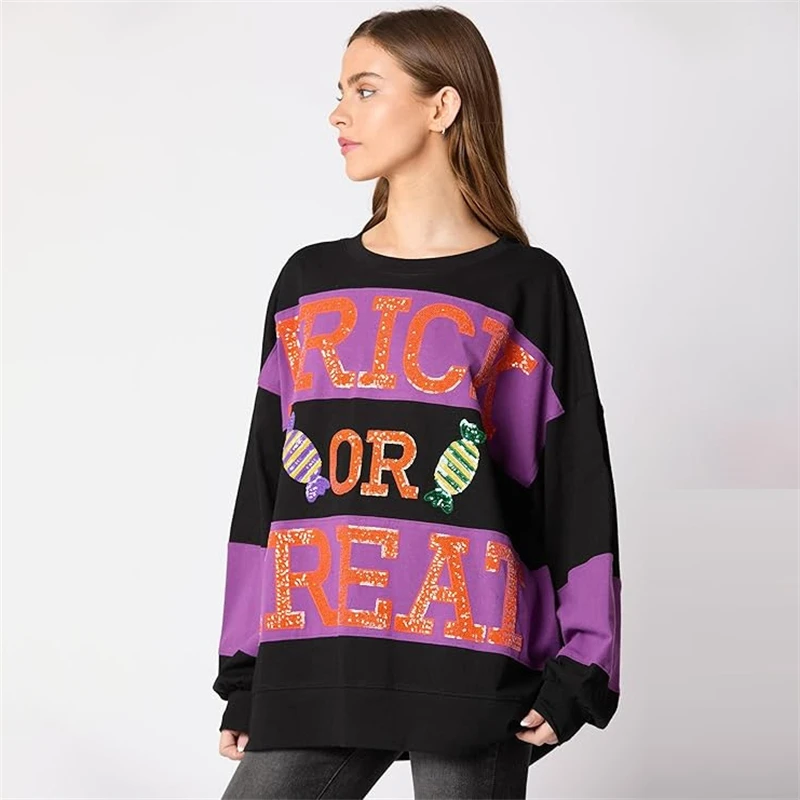American Style Loose Sequin Letter Candy Print Medium Long Hoodie Round Neck Pullover Hoodie Casual Patchwork Women's Clothing