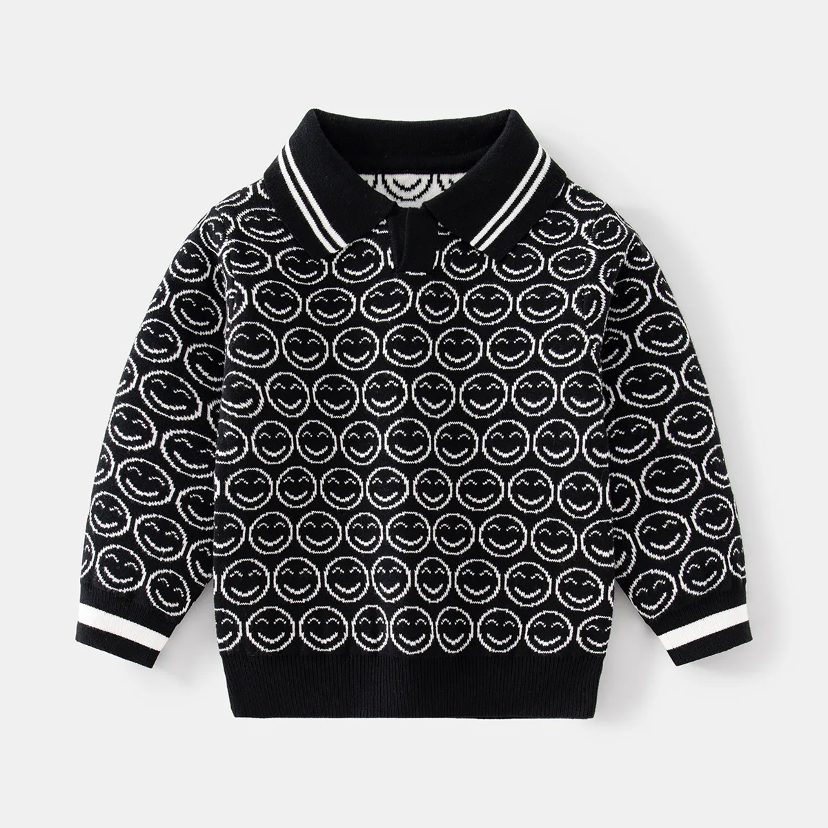 

Boys Casual Striped Smiling Face Warm Knitted Pullover Sweater Toddler Baby Thicken Knitwear Children's Autumn Winter Sweaters