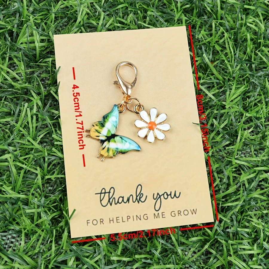 12 Sets Flat Angle Thank You Cards with Colorful Butterfly Designs & Small Chrysanthemum Keychain, Perfect Pocket Gift for Famil