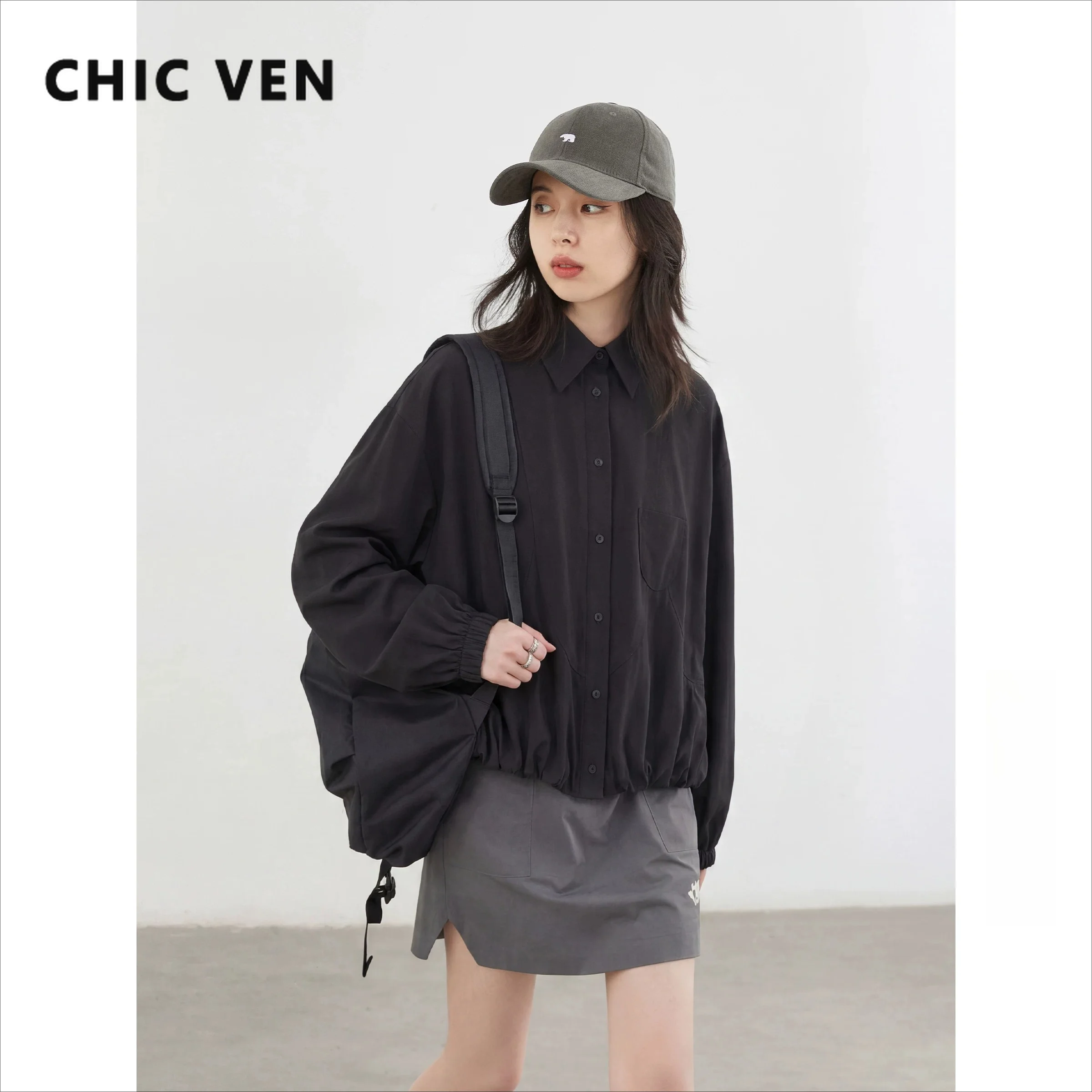 CHIC VEN New Korean Women Shirt Solid Loose Casual Long Sleeve Elastic Waistband Lapel Ladies Blouses Short Jacket Summer 2026