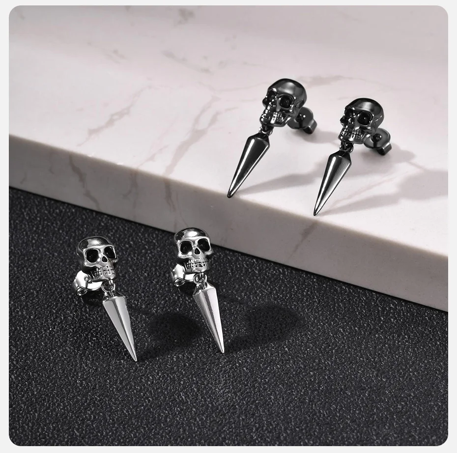 Vnox Totenkopf-Spike-Ohrhänger für Herren, Edelstahl, Gothic-Skelett-Nieten-Ohrstecker, Punk-Rock-Hip-Hop-Ohrschmuck, Geschenk – Detail 6