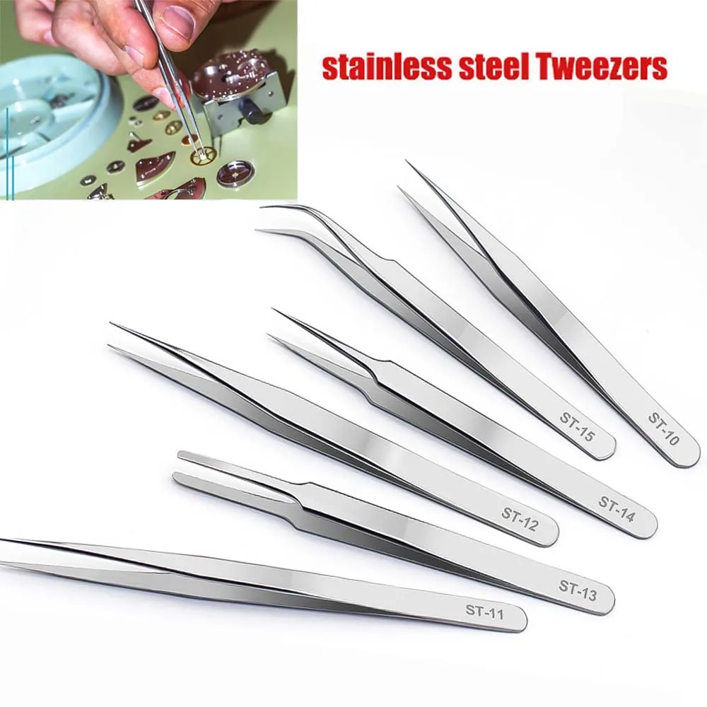 1PCS Watch Hands Installation Work Tweezers Straight Elbow Handle Stainless Antistatic High HardnessTweezers for Watchmaker Tool