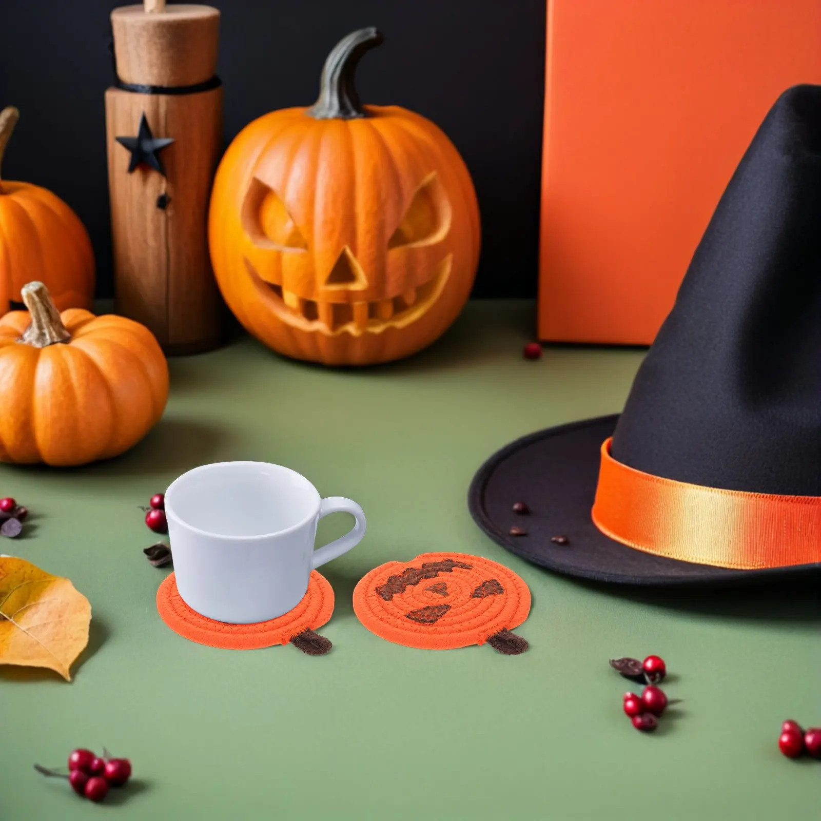 Crochet Pumpkin Coasters 4 Piece Woven Cotton Rope Heat Resistant Table Mats for Fall Halloween Home Decor