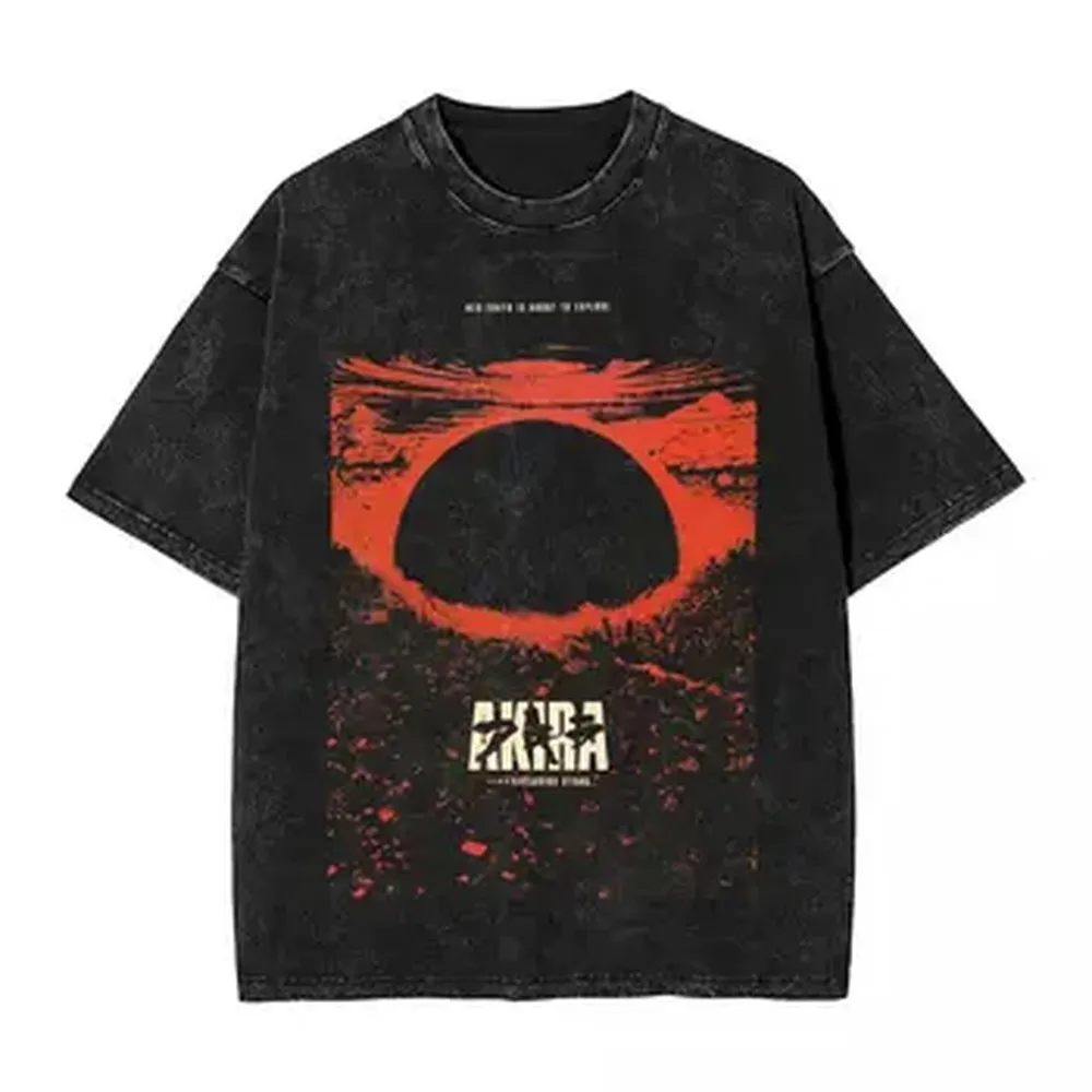 Akira Japanese Anime Washed T Shirt Hip Hop Vintage Washed T-Shirt Manga Graphic Men Women Cotton Clothing Short Sleeve Tees