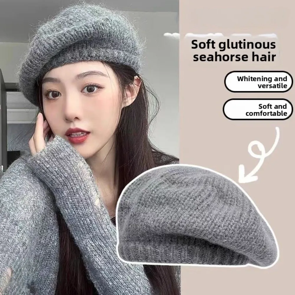 

Casual Wool Mohair Beret Warm Solid Color Knitted Beanie Cap Versatile Big Head Circumference Painter Hat Female