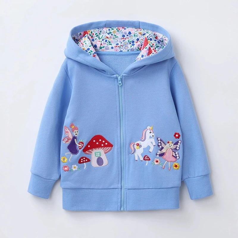 New 2026 Baby Girls Cute Cartoon Unicorn Embroidered Long Sleeve Hooded Zipper Hoodies Coat Children Spring Autumn Casual Jacket