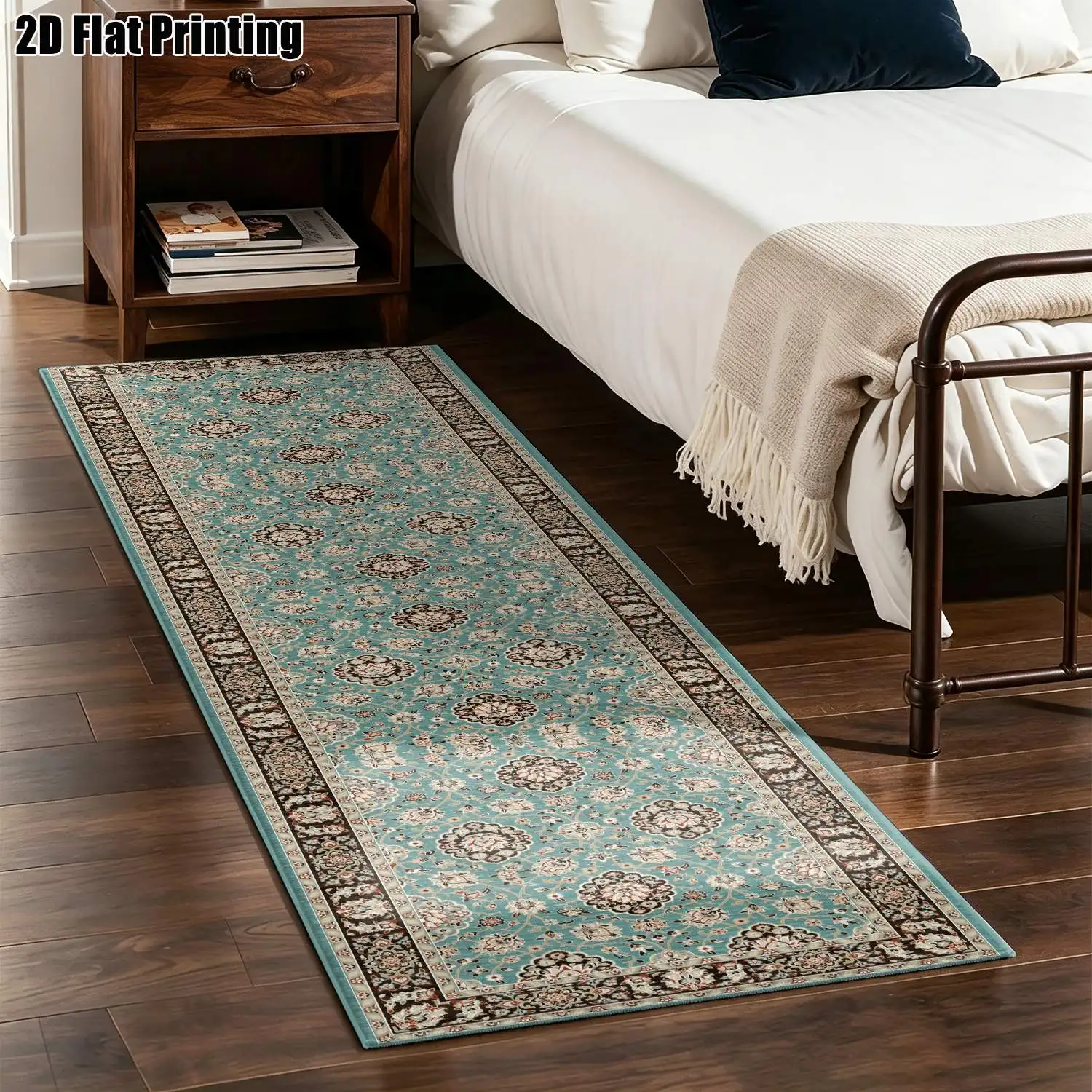 1Pc 2D Printed Long Strip Rug: Blue Floral, European, Retro, Geometric Stripe, Home Decor, Multi-Size, Machine Washable, for Corridor, Entrance, Living Room, Bedroom
