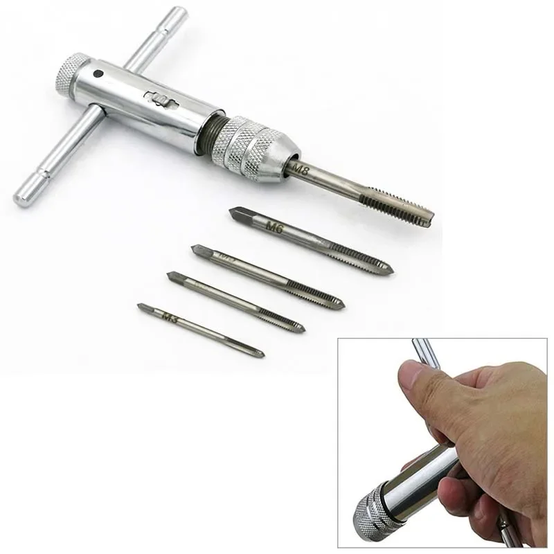 Adjustable Silver T-Handle Ratchet Tap Holder Wrench with 5pcs M3-M8 3mm-8mm Machine Screw Thread Metric Plug T-shaped Tap