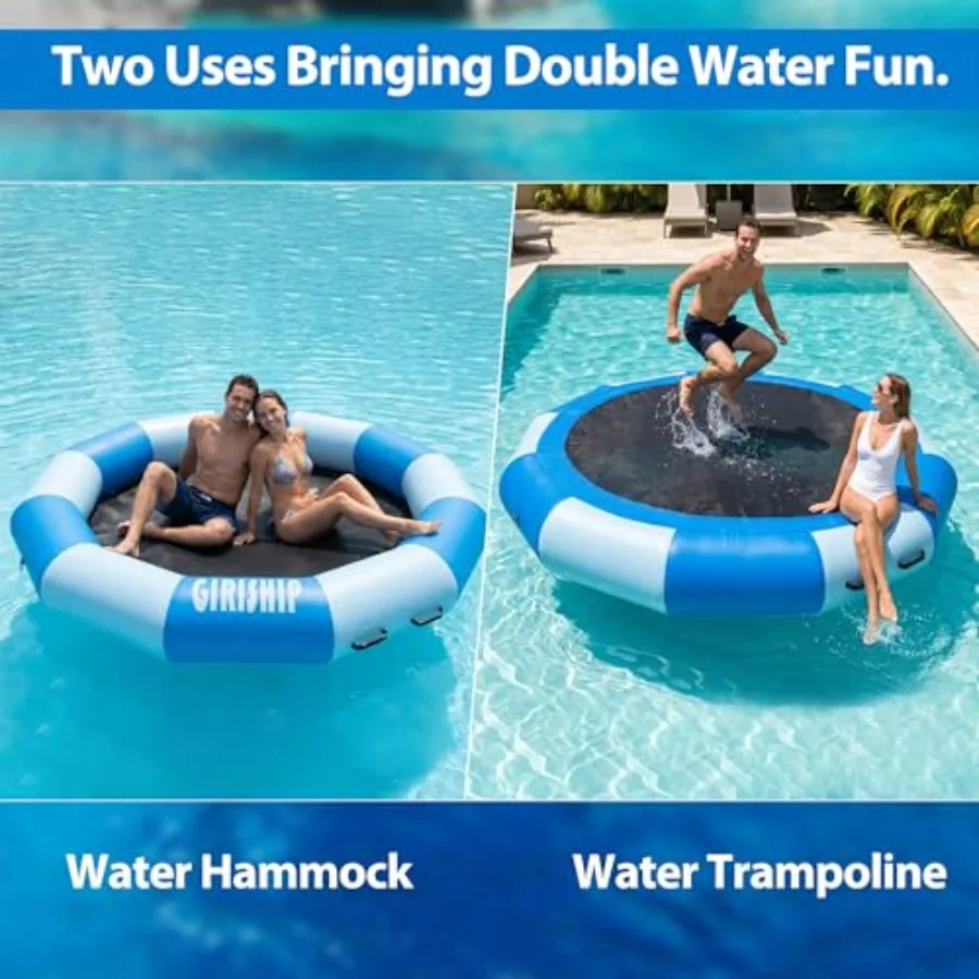Lake and pool inflatable water trampoline for adults: durable PVC blue portable bounce platform with pump and rope ladder
