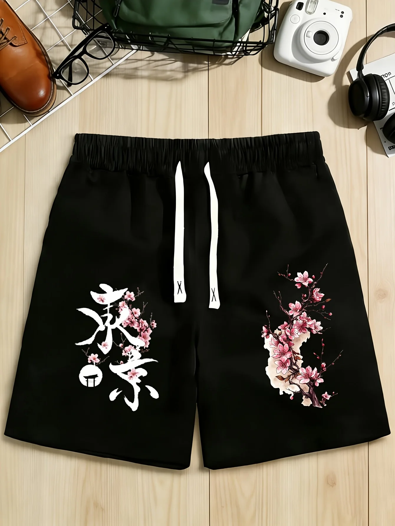 Men's ink wash cherry blossom pattern printed sports shorts, summer casual shorts, fashionable and stylish shorts