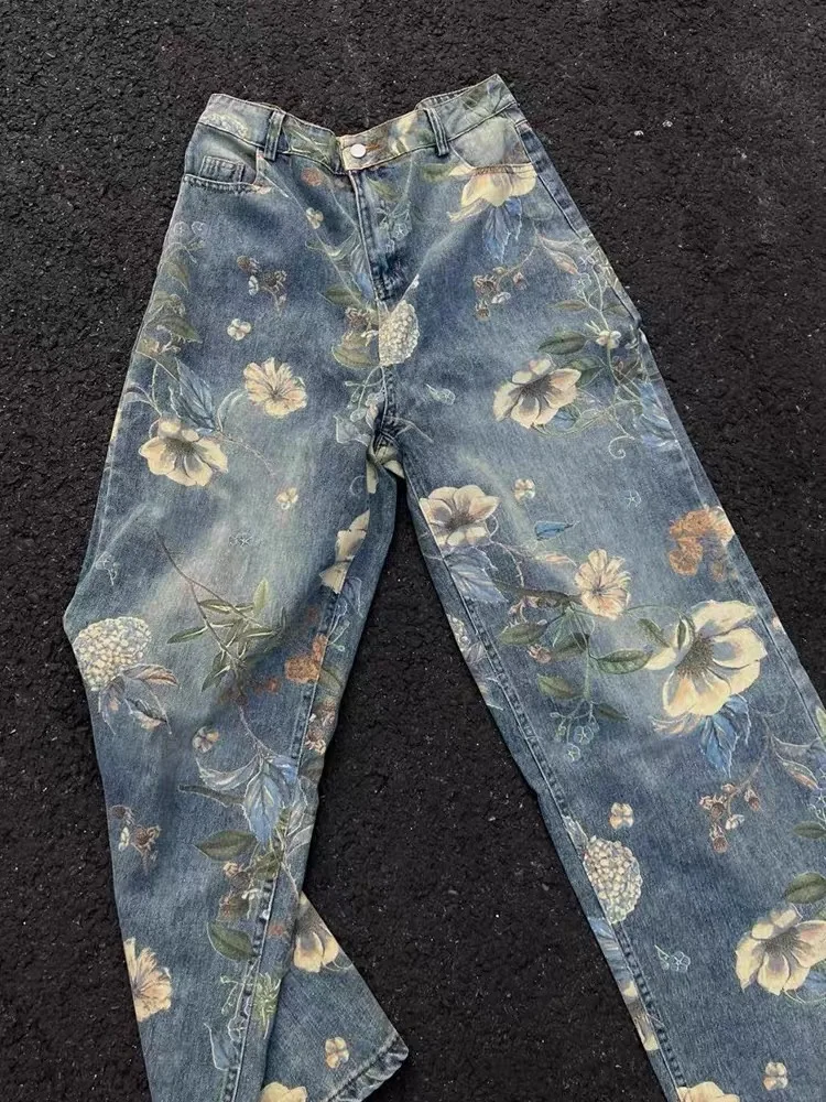 

Мужские джинсы с цветочным принтом, свободные, прямого кроя, в стиле High Street, из денима, весна-осень, новинка, широкие брюки