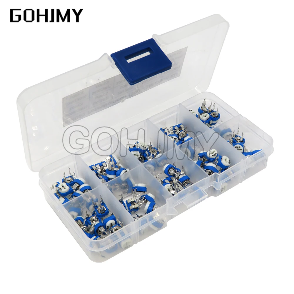 100PCS Box RM065 Potentiometer Adjustable Resistor Kit 500 - 1M Ohm Multiturn Trimmer Potentiometer Set Variable Resistors Kit