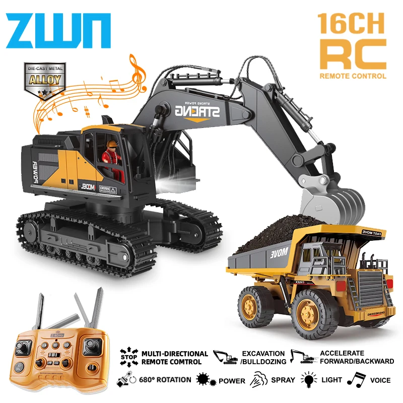 ZWN 1/16 1/20 Remote Control Excavator Dump Truck RC Model Car Toy Professional Alloy Simulation Construction Vehicle for Kids