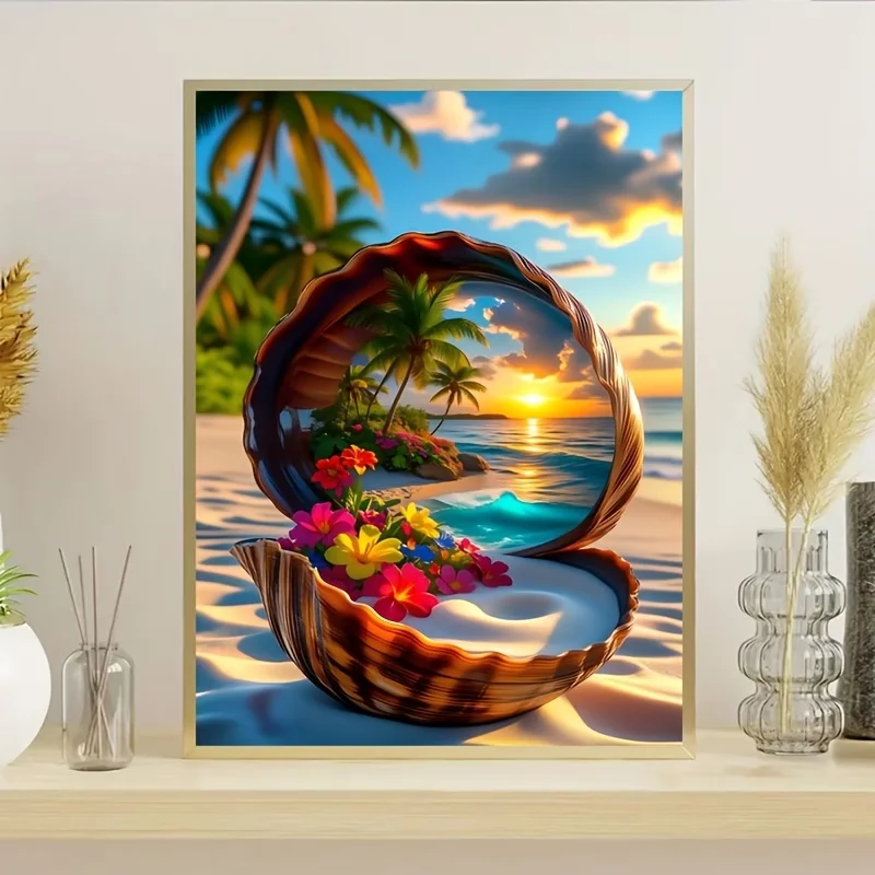 5D Diamond Painting Set, Shell Embedded Island Sunset Landscape, Flowers, Palm Trees, and Waves, Round Diamonds