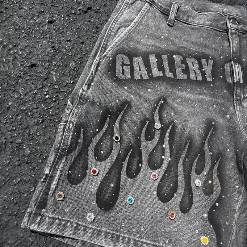 Jeans Sutra Gambar Cetak Gotik Celana Pendek Pria Celana Pendek Denim Pinggang Tinggi Antik Hiphop Harajuku Jalanan Pakaian Pria Celana Longgar Kasual Pria