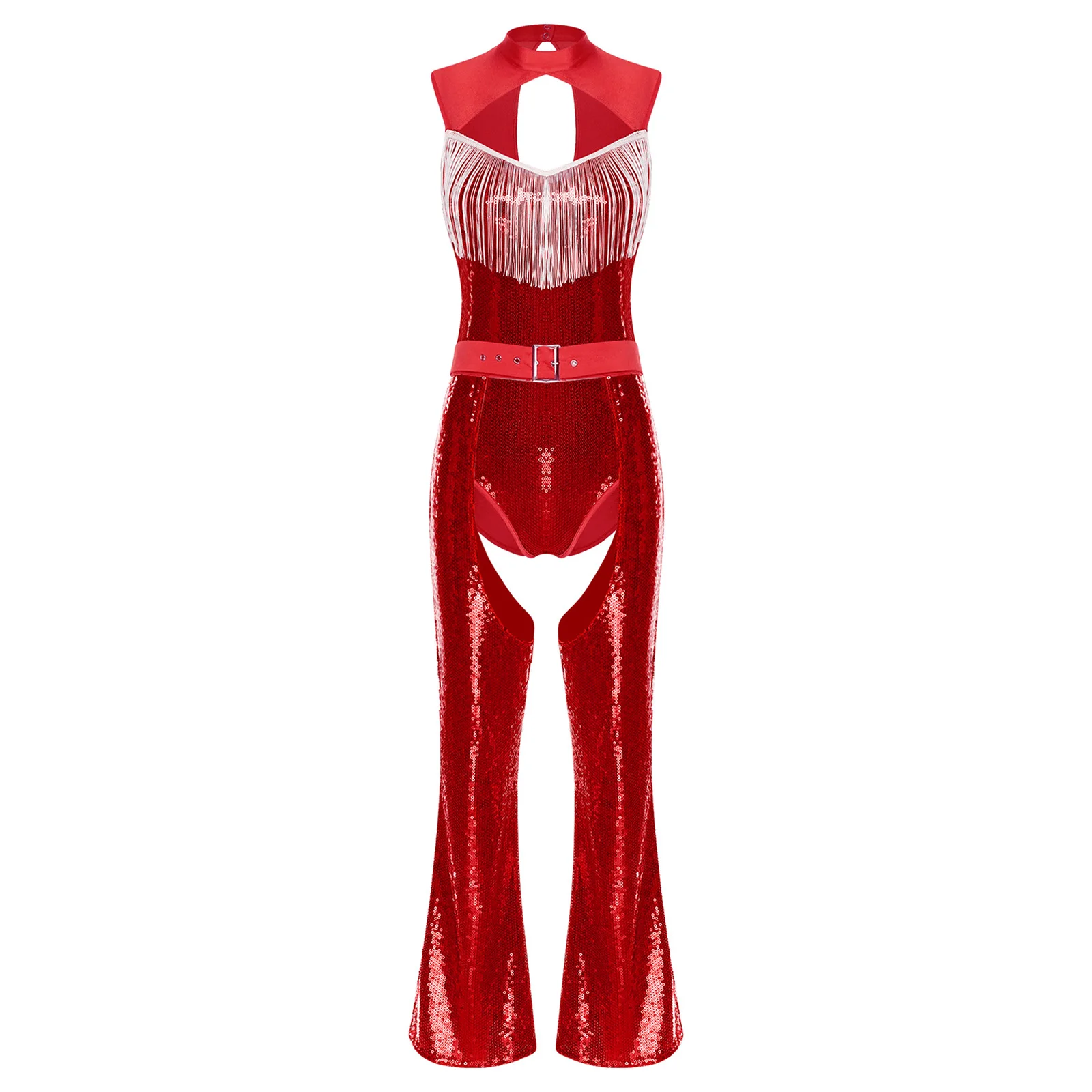 

Women Glitter Fashion Disco Jazz Dance Bodysuit And Open Crotch Chaps Flared Pants for Halloween Party Club Raves Dance Pants