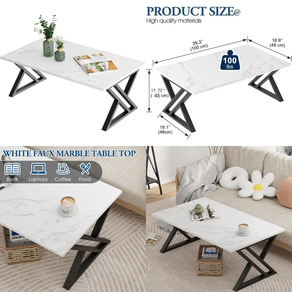 

Modern White Rectangular Faux Marble Coffee Table with Black Metal Frame for Living Room
