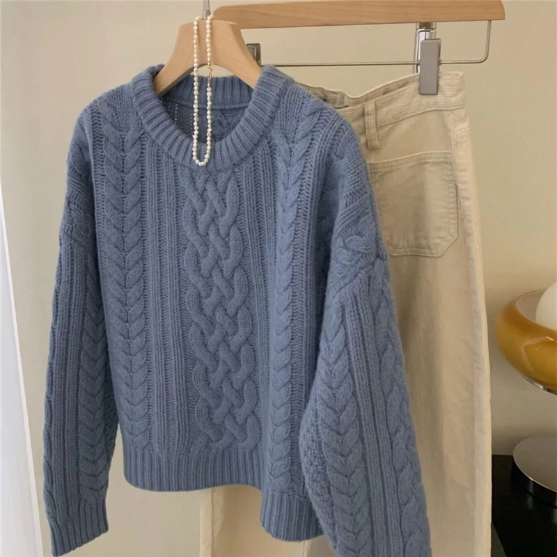 Korean Fashion Chic Fall Winter Blue Thick Knitted Warm Sweaters Jumper New Oversize Women O Neck Twisted Loose Pullover Ladies
