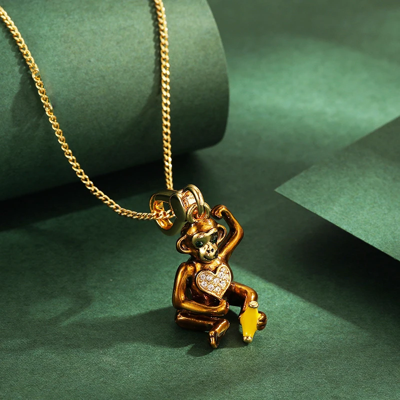 

1Pc Exquisite Enamel Diamond Brown Banana Monkey Pendant,Boy Creative Fashion Sweater Decor Accessories Christmas Jewelry Gift