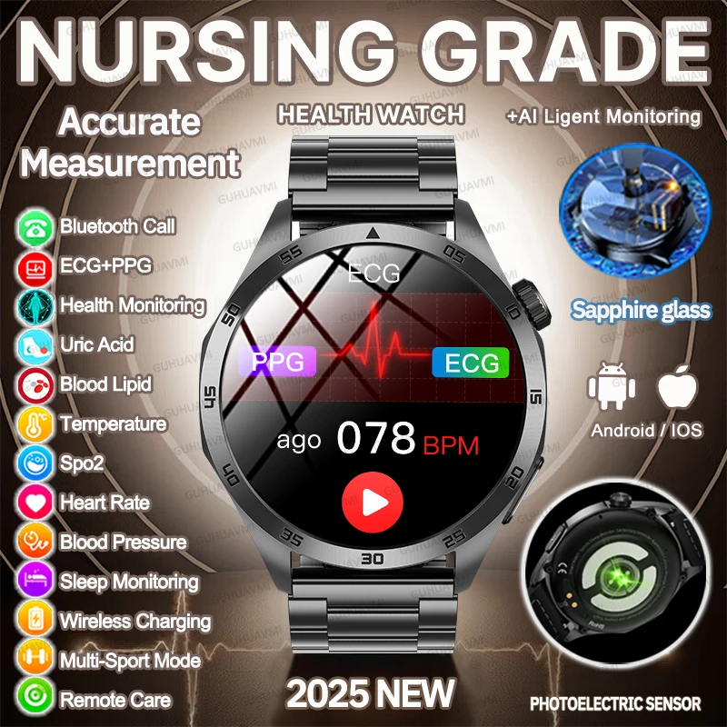 Livello infermieristico Monitor sanitario Smart Watch da uomo ECG + PPG Ossigeno nel sangue Acido urico Pressione sanguigna Chiamata Bluetooth Orologio per Android/ios