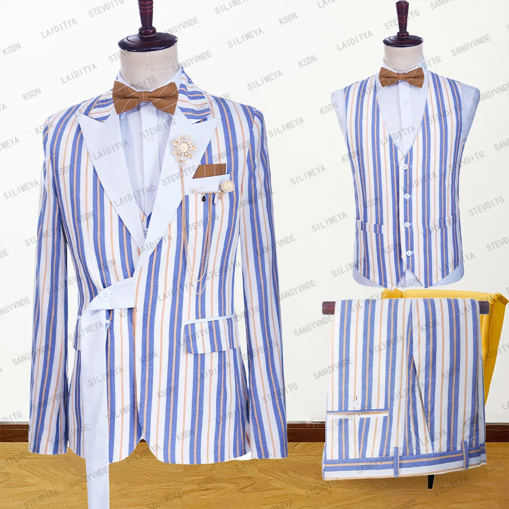 Men Suit 3 Pieces Linen Leisure Set Blue White Orange Stripe Peaked Lapel Single Breated Slim Fit Fashion Coat Vest Pants