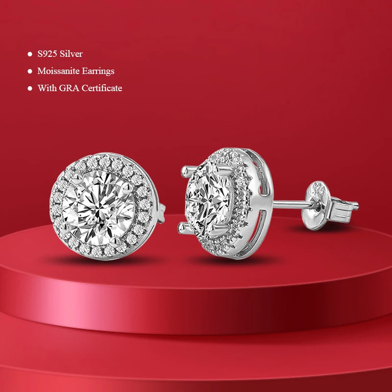 S925 Sterling Silver 0.5-2CT D Color Moissanite Stud Earrings For Woman Engagement Fine Pass Testing GRA Wedding Jewelry