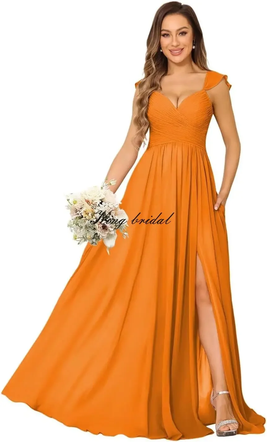 งานแต่งงาน Gowns ผู้หญิงแขนหมวกชีฟองชุดเพื่อนเจ้าสาวยาวกระเป๋า Ruffle ชุดราตรีอย่างเป็นทางการพร้อม Slit