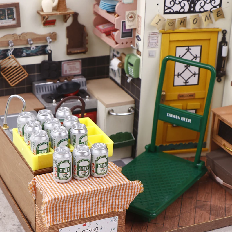 1 conjunto de peças de móveis para casa de bonecas, mini carrinho de mão, acessório de compras, carrinho de supermercado, caixas de bebidas, modelo para decoração de casa de boneca