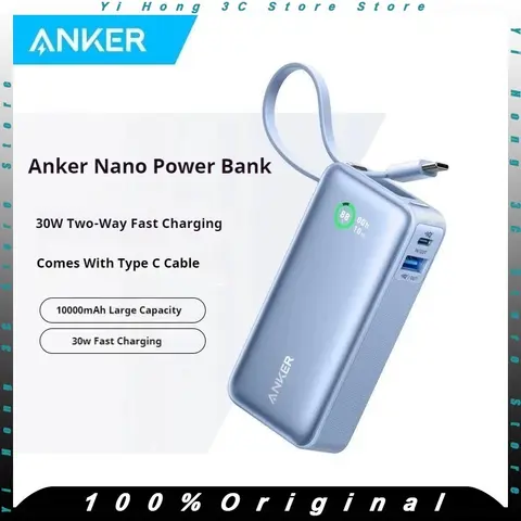 ANKER Nano 10000mAh Power Bank 30W PD Fast Charge With Type C Cable Portable External Battery Mobile PowerBank For iPhone16