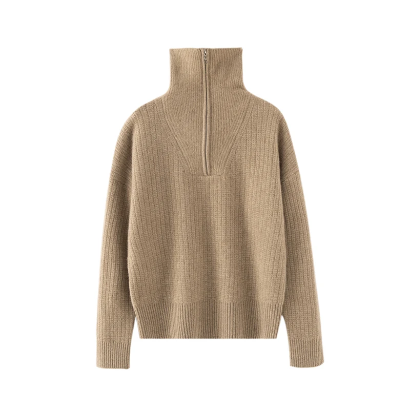 

High Quality Zipper Pullover Women Goat Cashmere Sweater Autumn Winter Long Sleeve 100% Cashmere Knit Loose Thick Clothing Top