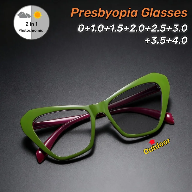 

New 2025 Retro Cat Eye Large Frame Color Splicing Photochromic Reading Glasses Personality Hip-hop Unisex Glasses 0 TO +4.0