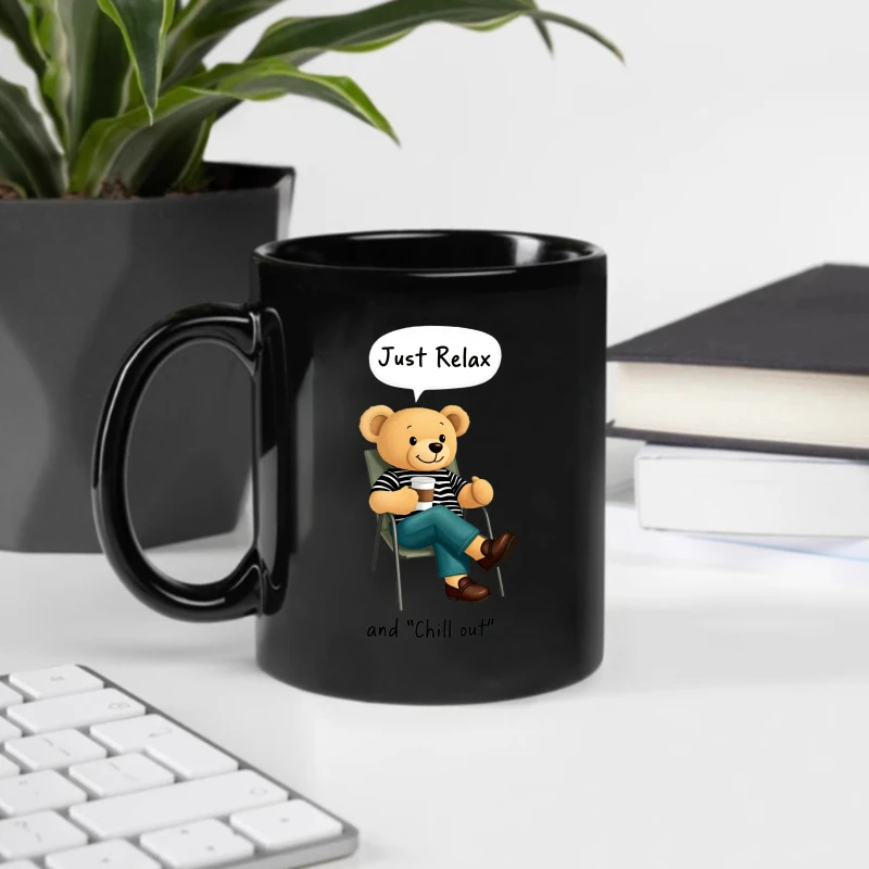Ceramic mug, black teddy bear sitting and drinking coffee and comes with a dialog box design that says 