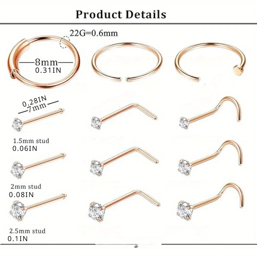 Florideco 1Pc 22G Surgical Steel Nose Rings Hoop Studs for Women Men Cartilage Earrings Nostril Body Piercing Jewelry CZ