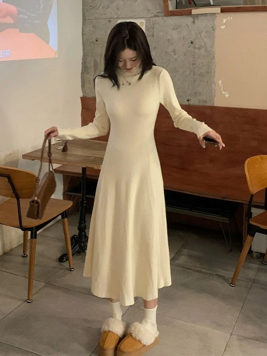 Vestido feminino de malha evasê emagrecedor em damasco francês elegante meia panturrilha semi-gola alta longo vestido de camadas quente para outono inverno